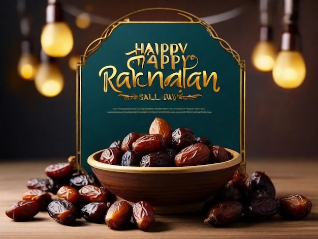 Happy ramadhan sell post banner with a bowl filled dates
