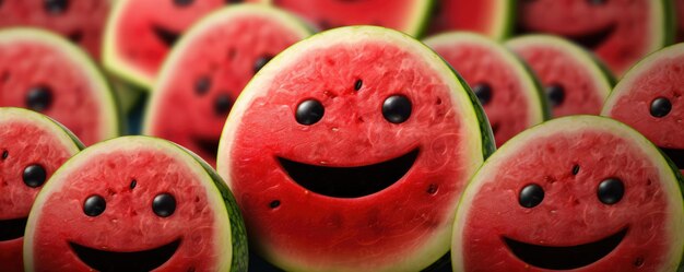 Happy red fresh watermelon with black seeds in summer healthy food panorama generative ai