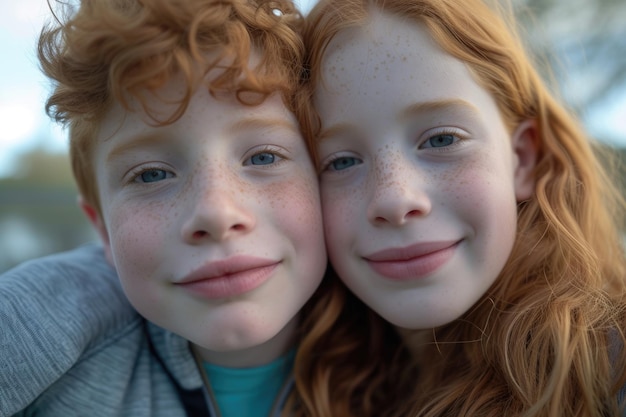 Happy red ginger hair brother and sister having fun doing selfie outdoor Focus on faces