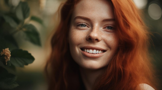 Happy red long wavy hair woman with big smile and white teeth Generative AI