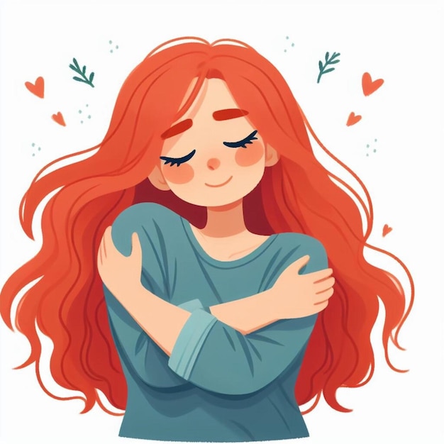 happy redhaired woman hugging herself Flat cartoon style illustration