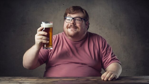 Photo happy redhead overweight man with big belly sticking out of his shrunk t shirt holding glass of col
