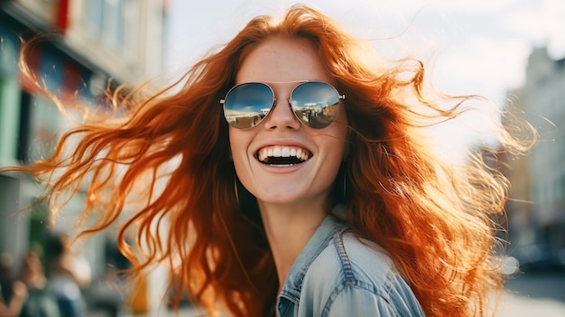 Happy redhead woman with sunglasses smiles on a summer day in the city Generative AI