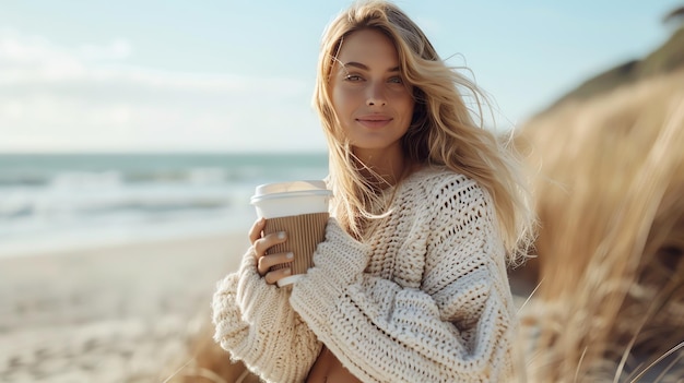 사진 해변에서 커피를 마시는 행복하고 편안한 여성 아이 생성 이미지