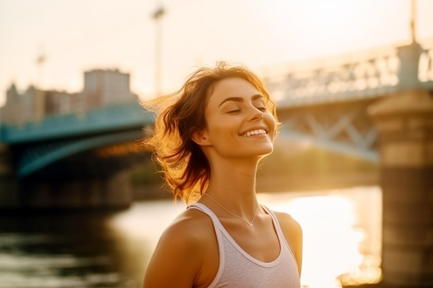 Счастливая расслабленная женщина вдыхает свежий воздух под теплыми лучами солнца мечтает о свободе путешествия