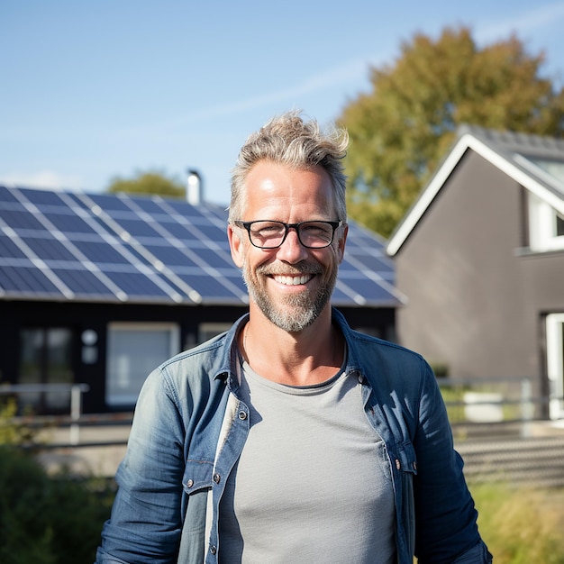 屋根の上に現実的な太陽電池パネルがある家の前に立っている幸せな住宅所有者