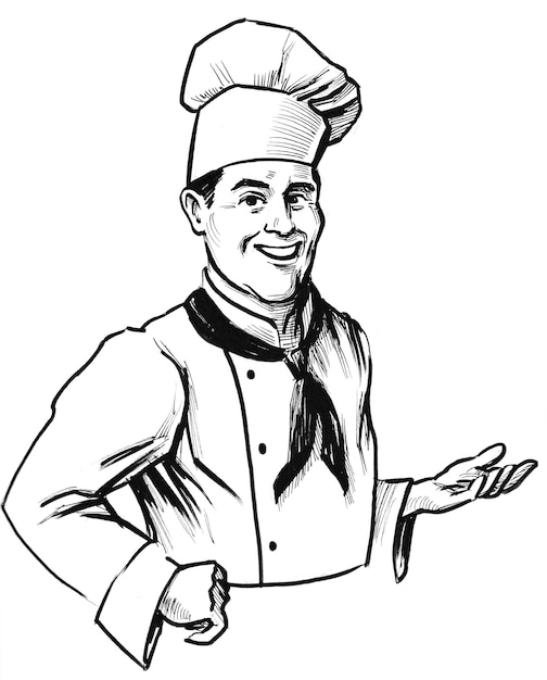 Photo happy restaurant chef. ink black and white drawing