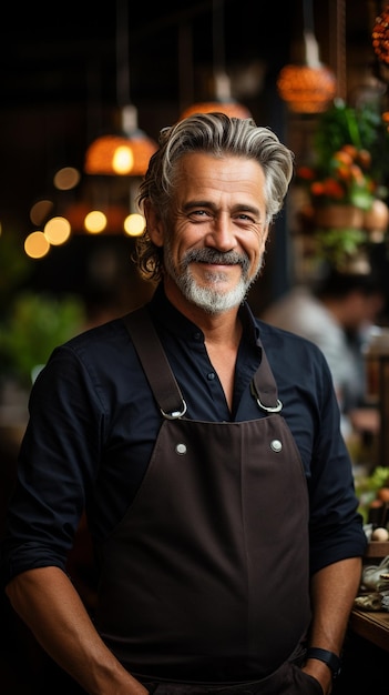 Счастливый владелец ресторана виден на портрете, стоящим перед кафе с открытым знаком