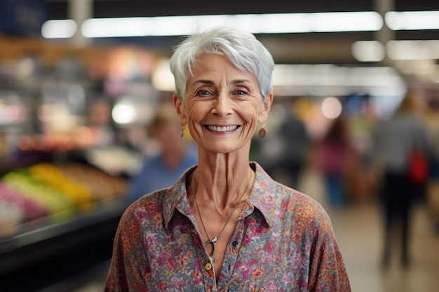 Happy retired caucasian woman at supermarket Generative AI