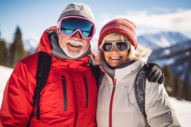 Happy retired couple skiing