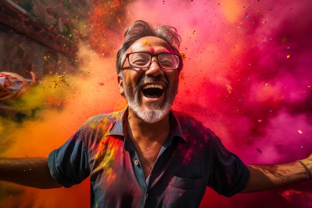 Foto un uomo felice in pensione che celebra la festa di holi con uno spruzzo di vernici a polvere colorate