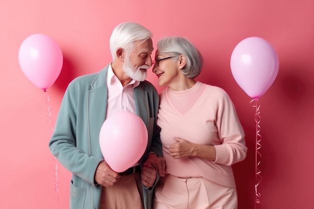 Happy retired married couple in love and in matching pastel colored outfit holding some balloons Generative AI