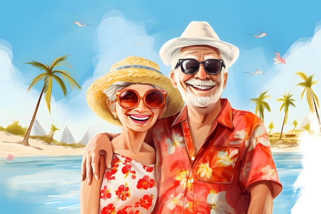 Happy retired mature senior couple on holidays vacation travel smiling elder man and woman created