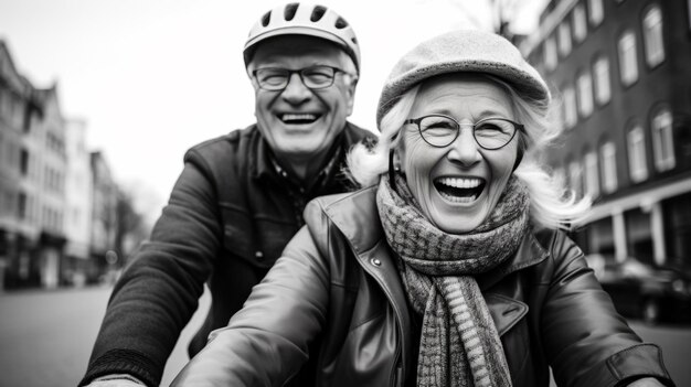 Photo happy retired senior couple on scooter fun travel explore activity