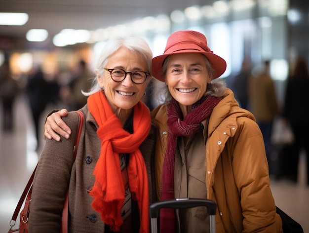 Happy retired women traveling