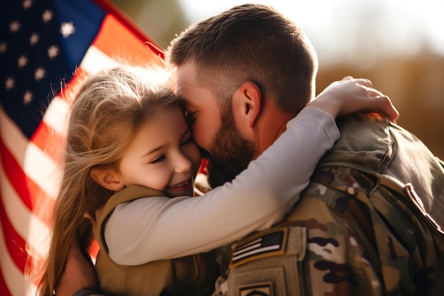 Photo happy reunion of soldier daughter hug father with amrican flag