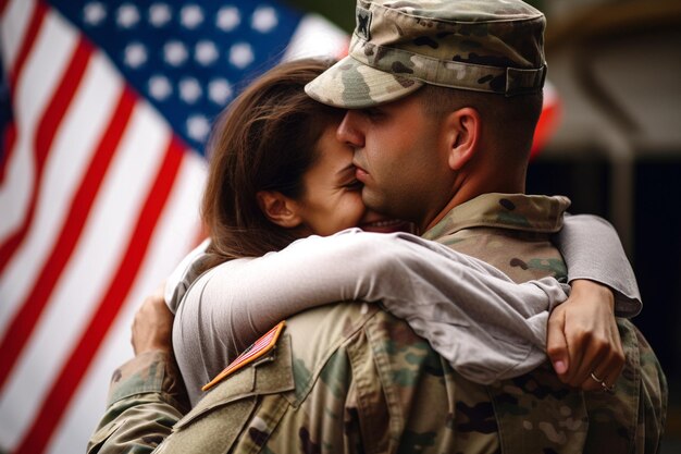兵士の妻がアメリカ国旗で夫を抱きしめる 幸せな再会