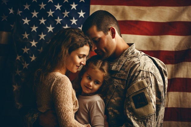 Happy reunion of soldier wife hug husband with amrican flag