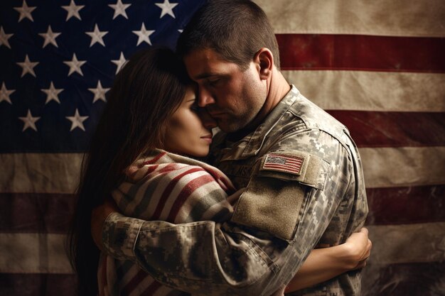 Happy reunion of soldier wife hug husband with amrican flag