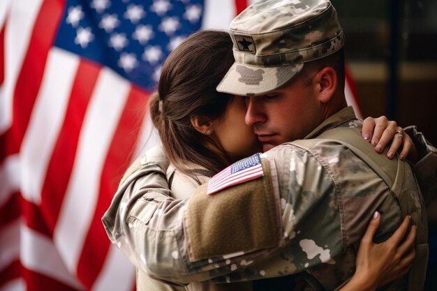 Foto felice riunione della moglie del soldato abbraccia il marito con la bandiera americana