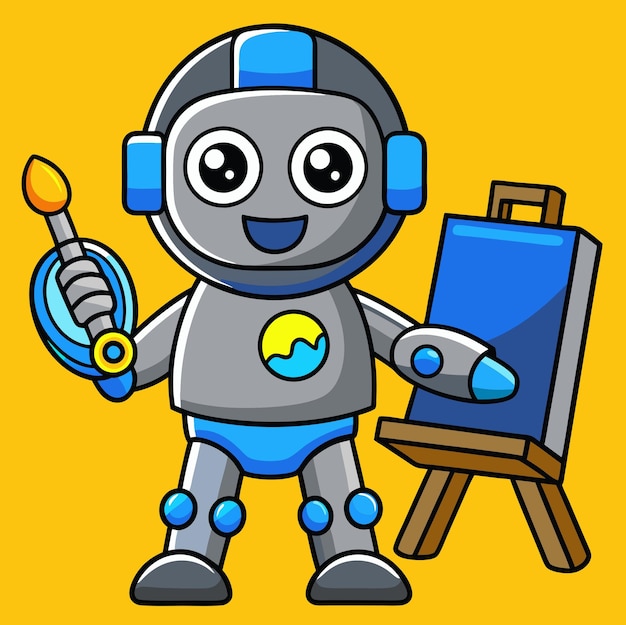 幸せなロボットアーティストが筆とスタッフを握っている
