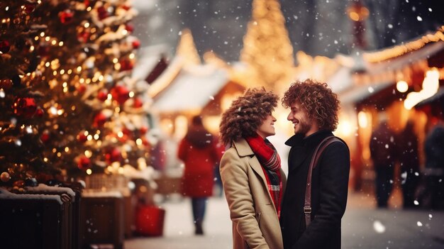 Happy Romance lover couple together on Christmas market outdoors togetherness Enjoyment dating christmas holiday decoration Couple in warm clothing among attractive beautiful holiday event lights