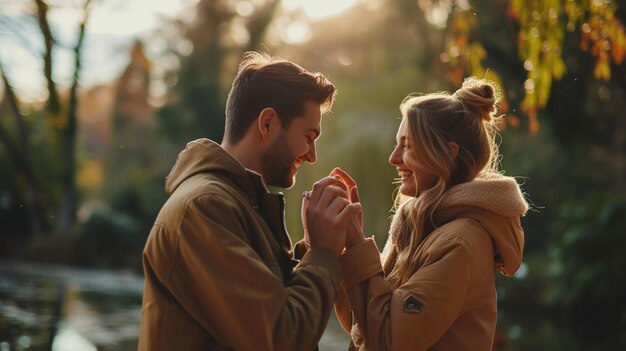 happy romantic couple in love walking on sunset