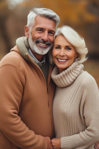 happy romantic mature couple spouses hugging embracing together in city park on a date walking