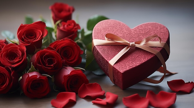 写真 リアルな赤いバラとギフトボックスの背景のハッピー・デー・ローズ・ウィーズ・カード
