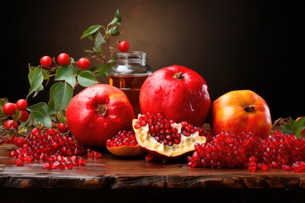 Happy Rosh Hashanah Traditional Jewish holiday New Year Apples pomegranates and honey on dark background