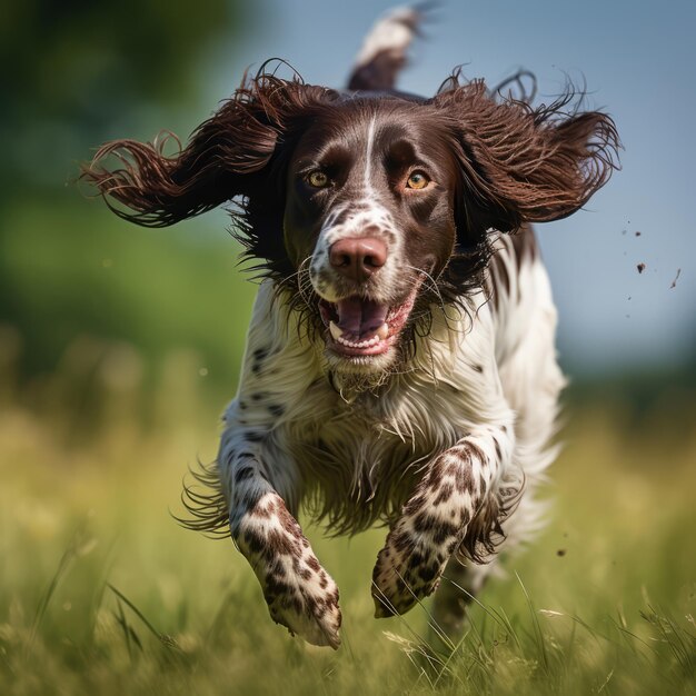 Photo happy and runing small munsterlander dog with a dark brown head