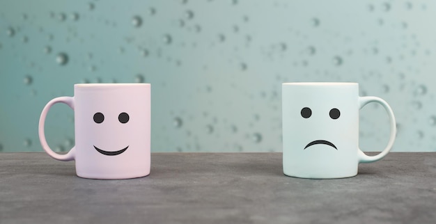 Happy and sad face, cup or mug couple on a window sill, hot drink on a rainy day, love, relationship