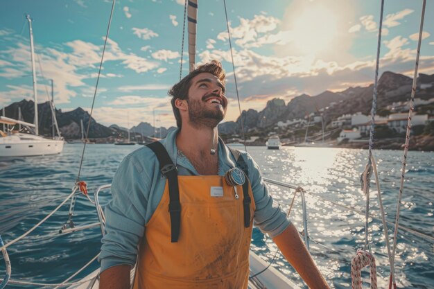 Photo happy sailor admires seascape at sundown on sailboat in mallorca