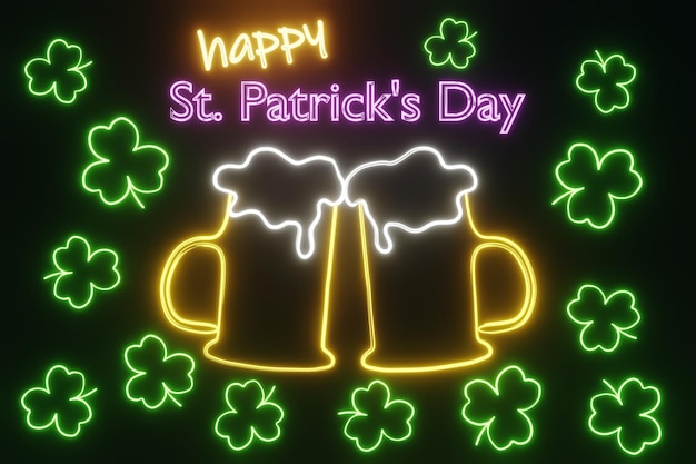 Happy Saint Patrick's Day nachtfeest neon gloeiend licht Shamrock uithangbord 3D-rendering Ierse vakantie bierpul cocktail drankjes Drie bladeren klaver geluk symbool achtergrond 17 maart viering Ierland