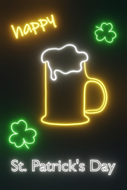 해피 세인트 패트릭의 날 밤 파티 네온 빛나는 빛 토끼풀 간판 3d 렌더링 아일랜드 휴일 맥주 잔 음료