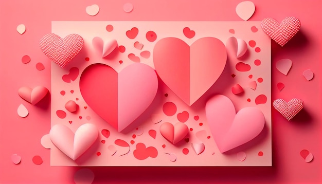 美しいピンクの背景に赤とピンクのハートの幸せな聖バレンタインの日グリーティング カード用紙 ジェネレーティブ AI
