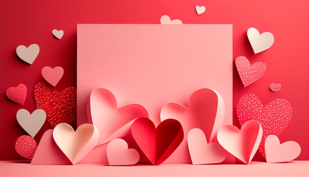 Photo happy saint valentine's day greeting card paper with red and pink hearts on beautiful pink background generative ai