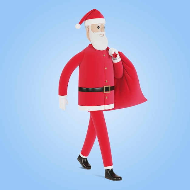 Счастливый персонаж Санта-Клауса с мешком подарков. Для рождественских открыток, баннеров и этикеток. 3D иллюстрации в мультяшном стиле.