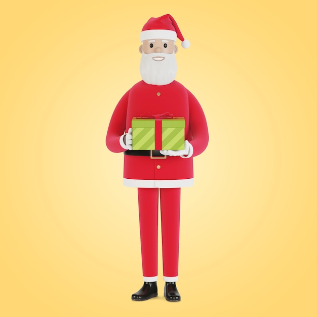 Happy Santa Claus character with gift box. For Christmas cards, banners and labels. 3D illustration in cartoon style.