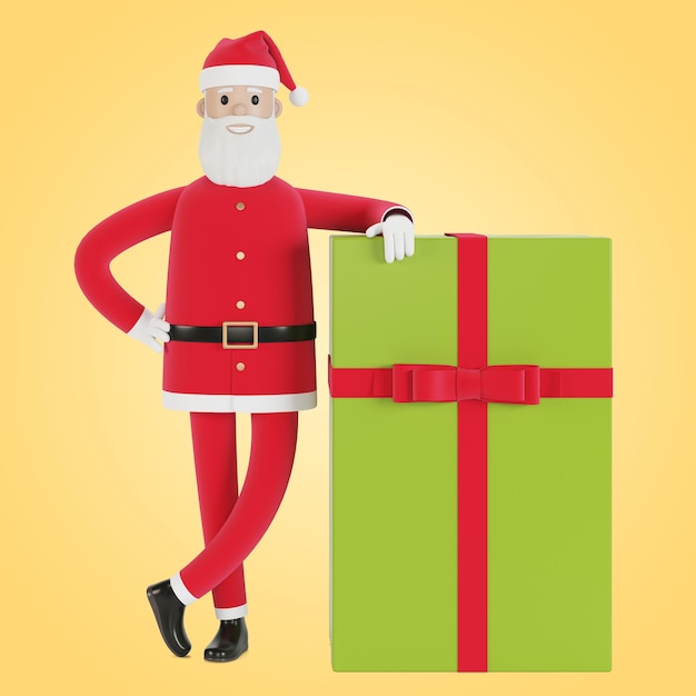 선물 상자와 함께 행복 한 산타 클로스 캐릭터입니다. 크리스마스 카드, 배너 및 라벨용. 만화 스타일의 3D 그림입니다.