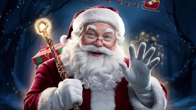 Happy santa claus in eyeglasses with staff on dark background