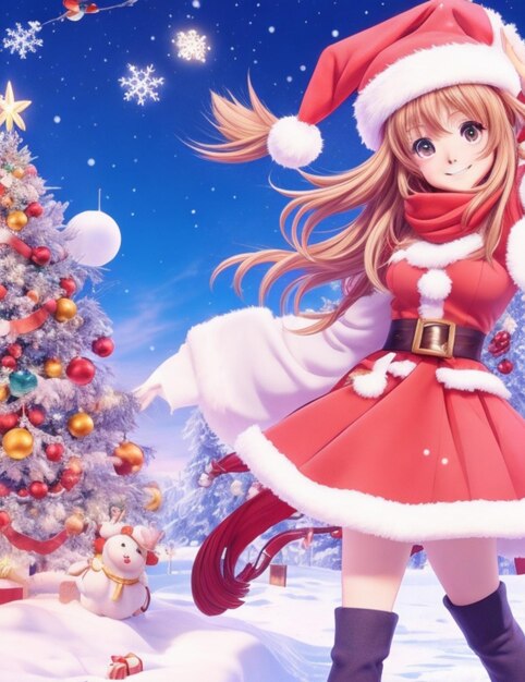 Photo happy santa claus girl anime playing at christmas photo background