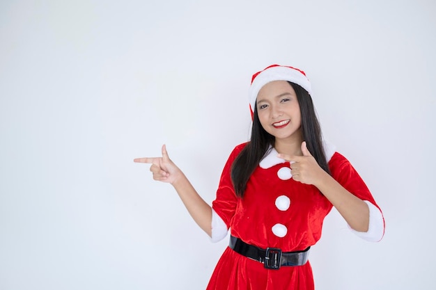 Happy Santa Claus girl on White background.