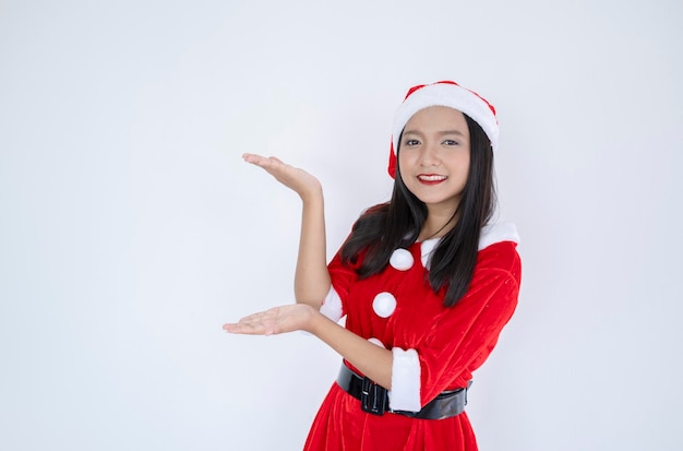 Happy Santa Claus girl on White background.