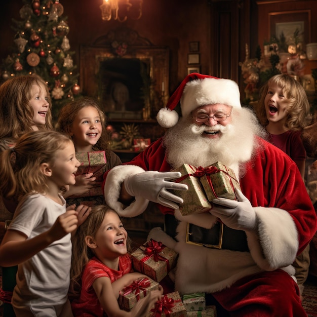 happy santa claus giving gifts to a happy kids in cozy room near to beautiful christmas tree with lot of toy