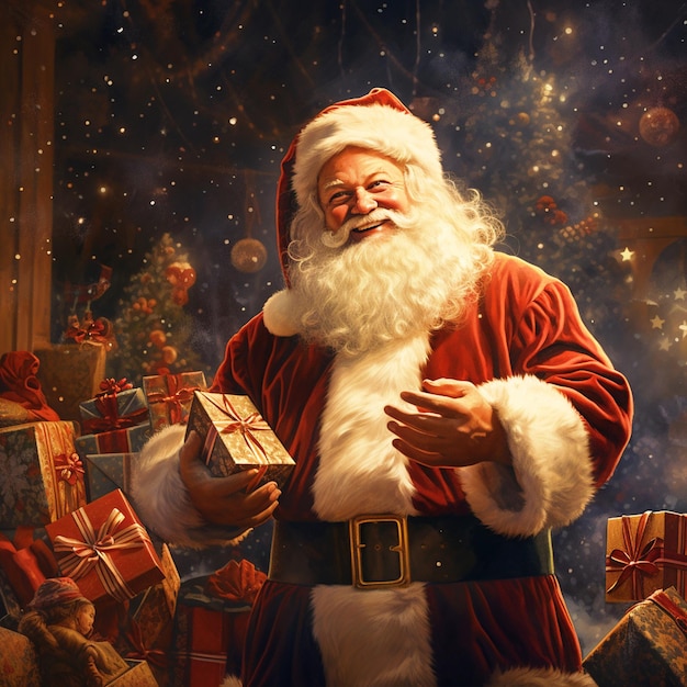 Happy Santa Claus holding gift in hand Christmas background