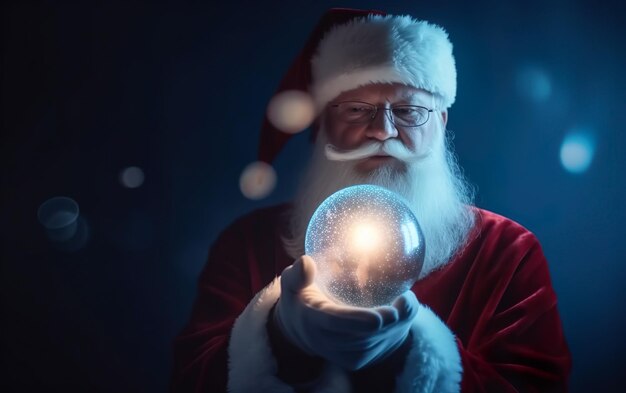 Foto happy santa claus con una palla di natale luminosa su uno sfondo blu ai generative ai