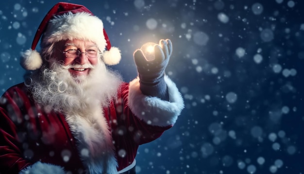 Happy Santa Claus holding glowing Christmas ball over defocused blue background