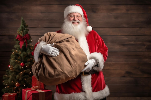 Happy Santa Claus met een grote tas met geschenken voor kinderen Merry Christmas New Year's Eve concept Helder beeld van de kerstman voor reclame en design