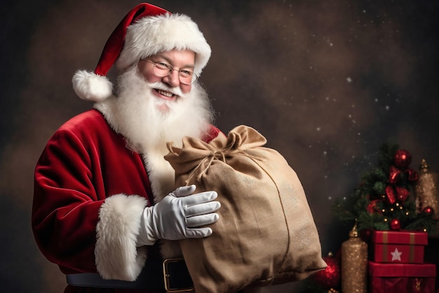Happy Santa Claus met een grote zak met cadeaus voor kinderen Merry Christmas New Year's Eve concept Helder beeld van de Kerstman voor reclame en design